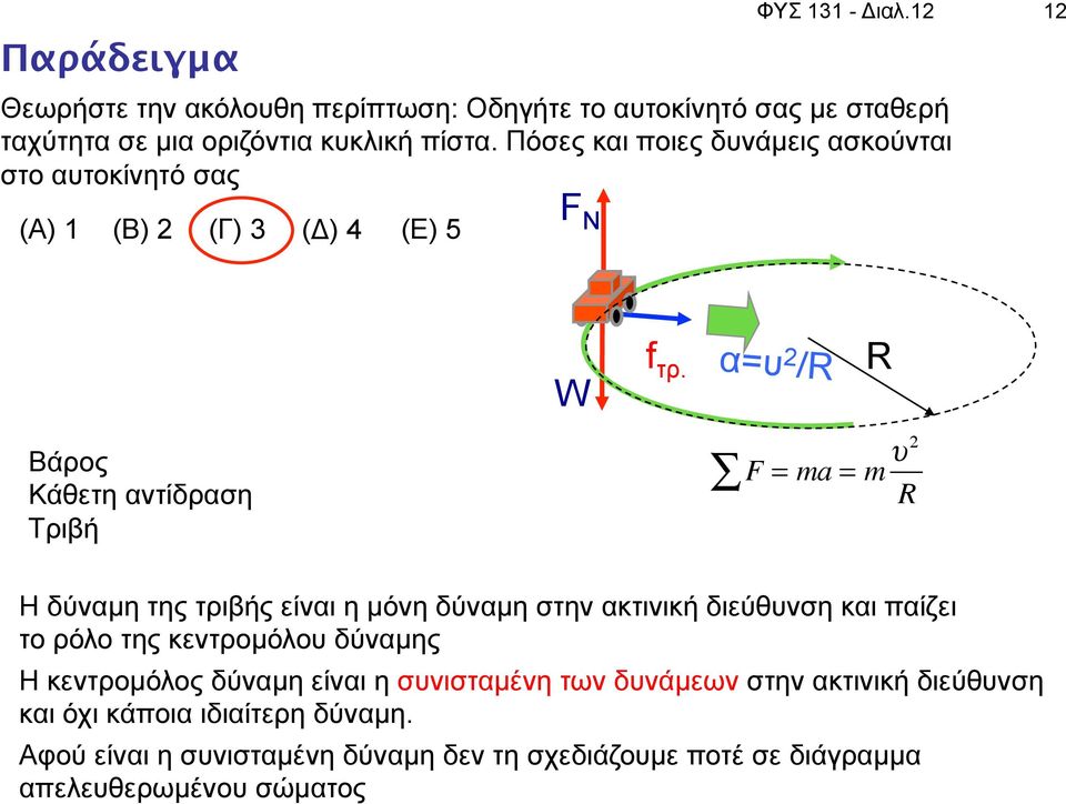 α=υ 2 /R R Βάρος Κάθετη αντίδραση Τριβή F = ma = m " 2 R Η δύναµη της τριβής είναι η µόνη δύναµη στην ακτινική διεύθυνση και παίζει το ρόλο της
