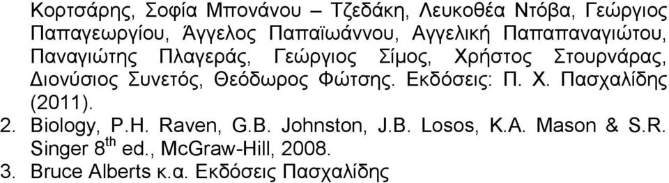 Συνετός, Θεόδωρος Φώτσης. Εκδόσεις: Π. Χ. Πασχαλίδης (2011). 2. Biology, P.H. Raven, G.B. Johnston, J.