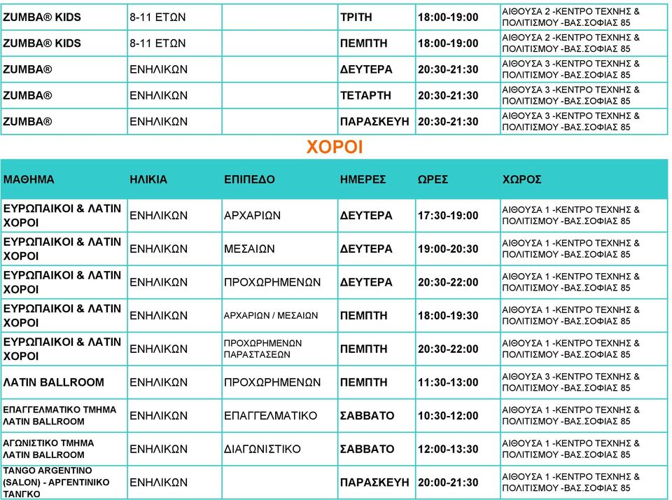 ΜΕΣΑΙΩΝ ΠΕΜΠΤΗ 18:00-19:30 ΠΡΟΧΩΡΗΜΕΝΩΝ ΠΑΡΑΣΤΑΣΕΩΝ ΠΕΜΠΤΗ 20:30-22:00 ΛΑΤΙΝ BALLROOM ΠΡΟΧΩΡΗΜΕΝΩΝ ΠΕΜΠΤΗ 11:30-13:00 ΕΠΑΓΓΕΛΜΑΤΙΚΟ ΤΜΗΜΑ ΛΑΤΙΝ BALLROOM