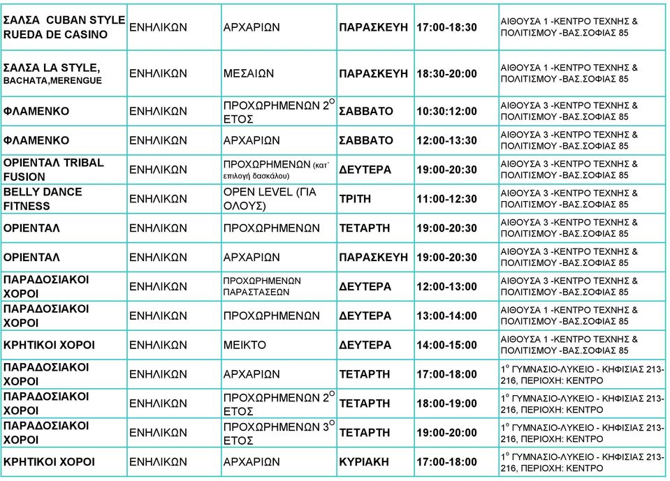 ΤΕΤΑΡΤΗ 19:00-20:30 ΟΡΙΕΝΤΑΛ ΑΡΧΑΡΙΩΝ ΠΑΡΑΣΚΕΥΗ 19:00-20:30 ΠΑΡΑ ΟΣΙΑΚΟΙ ΠΑΡΑ ΟΣΙΑΚΟΙ ΠΡΟΧΩΡΗΜΕΝΩΝ ΠΑΡΑΣΤΑΣΕΩΝ ΕΥΤΕΡΑ 12:00-13:00 ΠΡΟΧΩΡΗΜΕΝΩΝ ΕΥΤΕΡΑ 13:00-14:00 ΚΡΗΤΙΚΟΙ ΜΕΙΚΤΟ ΕΥΤΕΡΑ