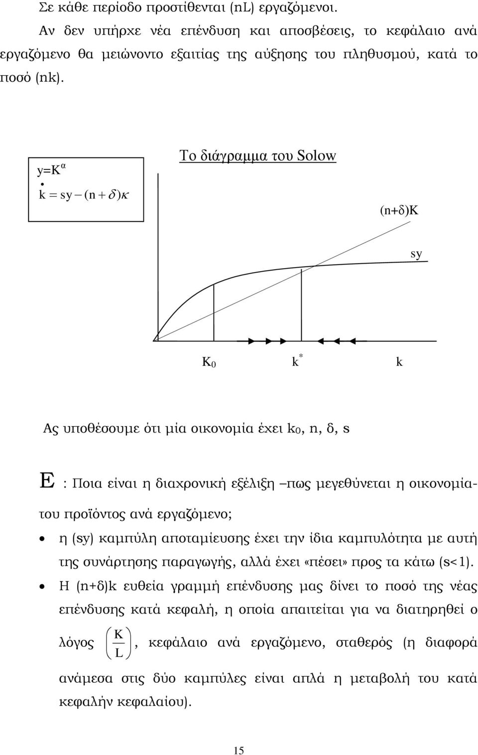 εργαζόμενο; η (sy) καμπύλη αποταμίευσης έχει την ίδια καμπυλότητα με αυτή της συνάρτησης παραγωγής, αλλά έχει «πέσει» προς τα κάτω (s<1).