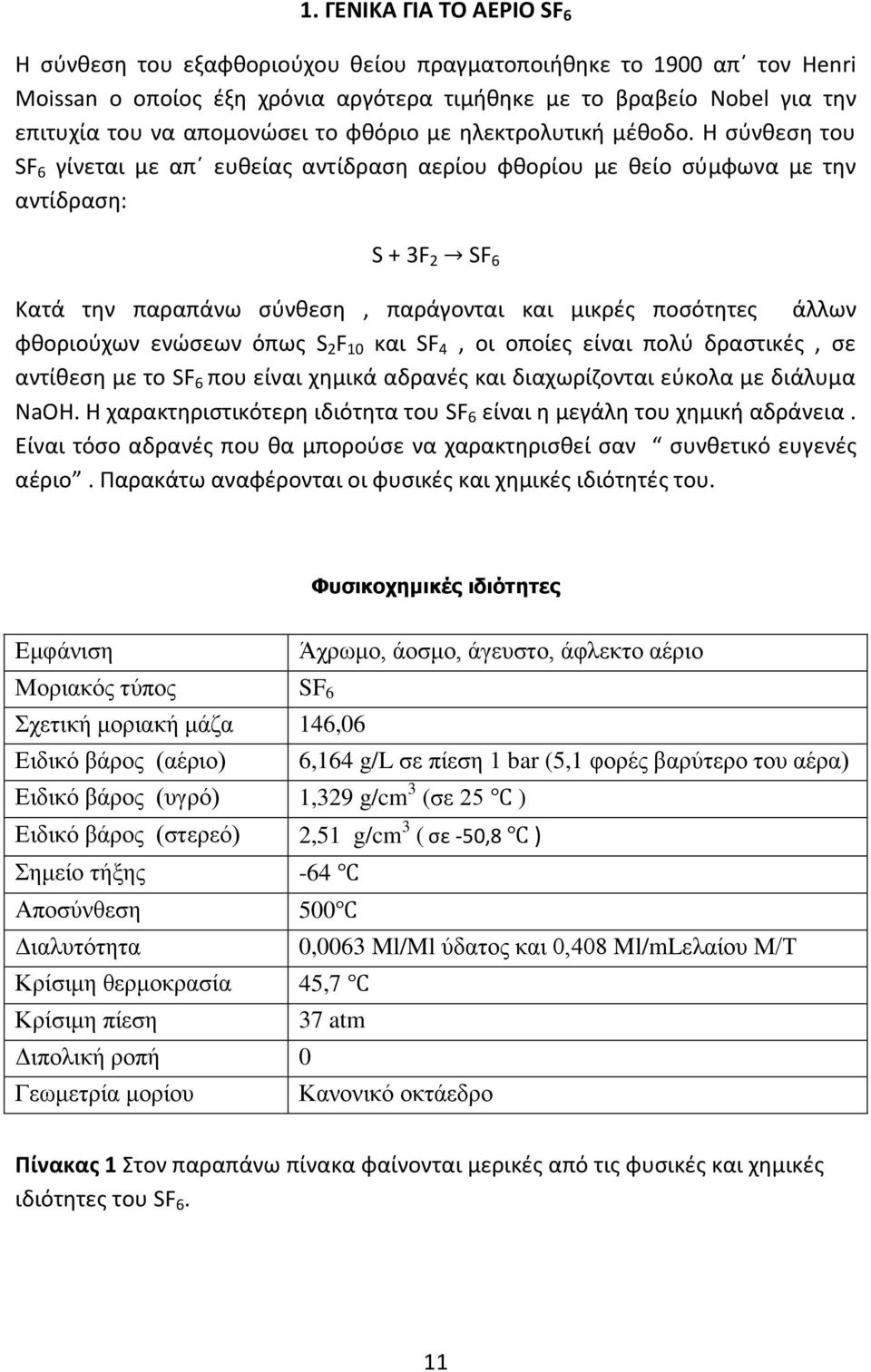 Η σύνθεση του SF 6 γίνεται με απ ευθείας αντίδραση αερίου φθορίου με θείο σύμφωνα με την αντίδραση: S + 3F 2 SF 6 Κατά την παραπάνω σύνθεση, παράγονται και μικρές ποσότητες άλλων φθοριούχων ενώσεων