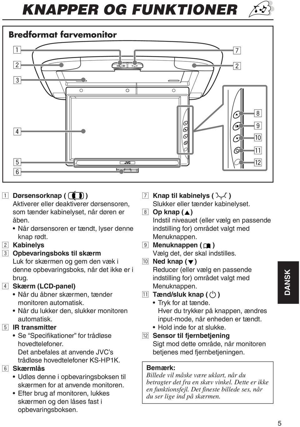 4 Skærm (LCD-panel) Når du åbner skærmen, tænder monitoren automatisk. Når du lukker den, slukker monitoren automatisk. 5 IR transmitter Se Specifikationer for trådløse hovedtelefoner.