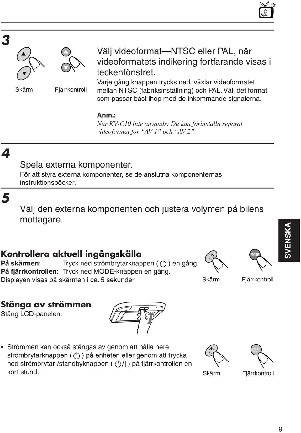 : När KV-C10 inte används: Du kan förinställa separat videoformat för AV 1 och AV. 4 5 Spela externa komponenter. För att styra externa komponenter, se de anslutna komponenternas instruktionsböcker.