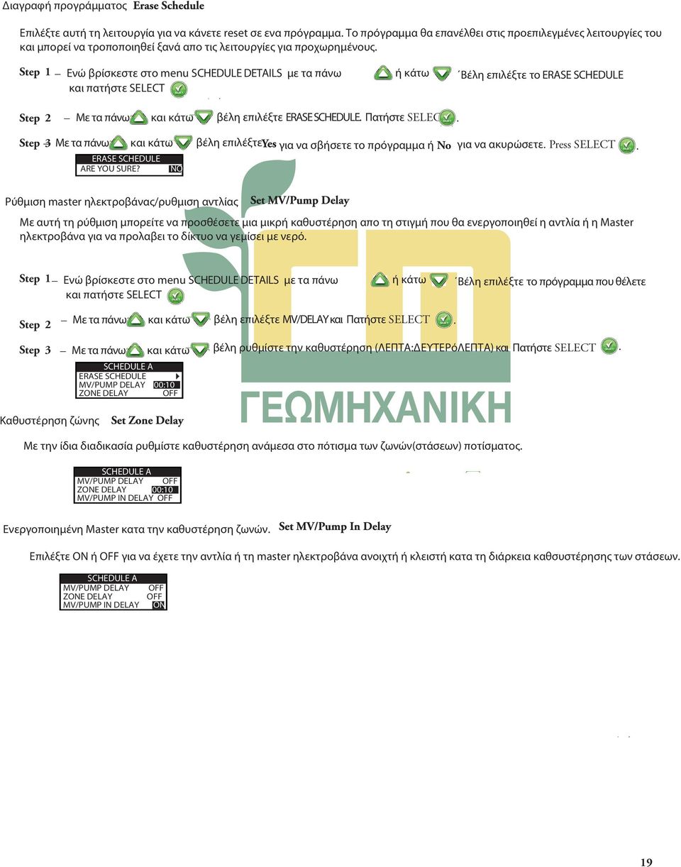 Ενώ βρίσκεστε στo menu SCHEDULE DETAILS με τα πάνω ή κάτω Βέλη επιλέξτε το ERASE SCHEDULE και πατήστε SELECT βέλη επιλέξτε ERASE SCHEDULE. Πατήστε SELECT.