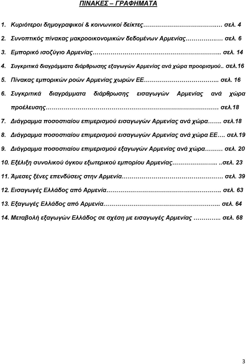 Συγκριτικά διαγράμματα διάρθρωσης εισαγωγών Αρμενίας ανά χώρα προέλευσης σελ.18 7. Διάγραμμα ποσοστιαίου επιμερισμού εισαγωγών Αρμενίας ανά χώρα. σελ.18 8.
