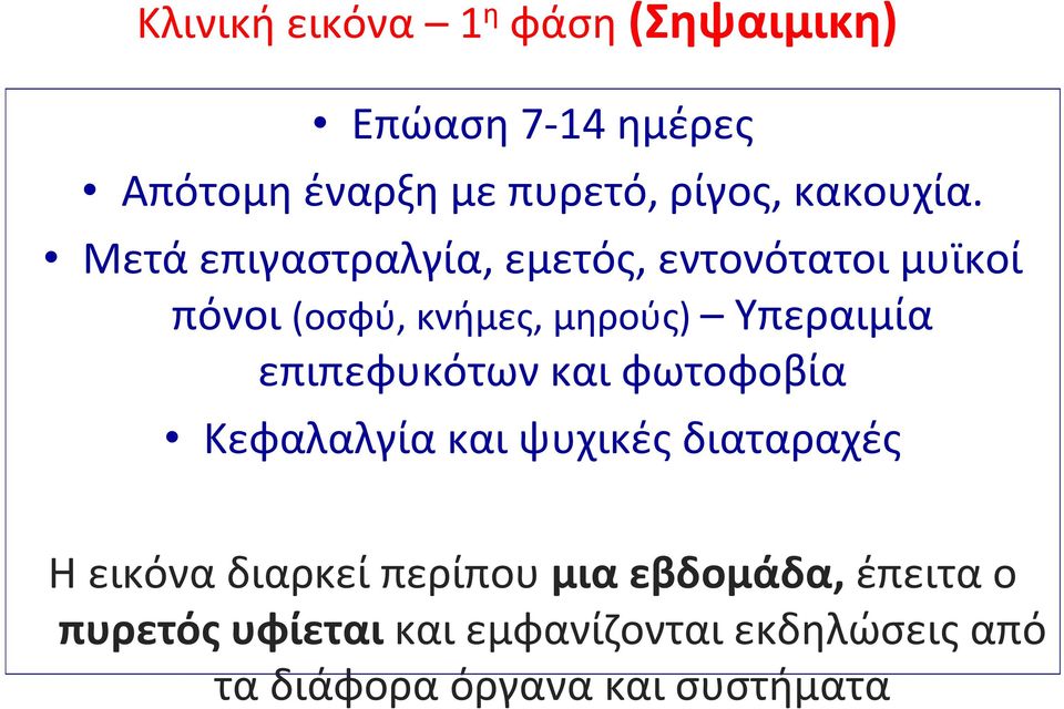 Μετά επιγαστραλγία, εμετός, εντονότατοι μυϊκοί πόνοι (οσφύ, κνήμες, μηρούς) Υπεραιμία