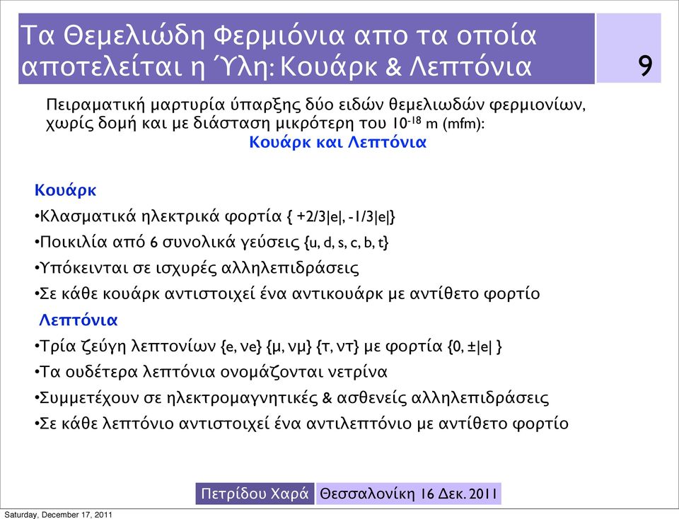 Υπόκεινται σε ισχυρές αλληλεπιδράσεις Σε κάθε κουάρκ αντιστοιχεί ένα αντικουάρκ με αντίθετο φορτίο Λεπτόνια Τρία ζεύγη λεπτονίων {e, νe} {μ, νμ} {τ, ντ} με φορτία