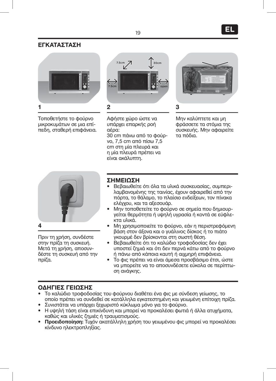 3 Μην καλύπτετε και μη φράσσετε τα στόμια της συσκευής. Μην αφαιρείτε τα πόδια. 4 Πριν τη χρήση, συνδέστε στην πρίζα τη συσκευή. Μετά τη χρήση, αποσυνδέστε τη συσκευή από την πρίζα.