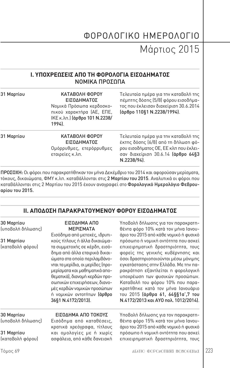 2014 (άρθρο110 1Ν.2238/1994). Τελευταία ημέρα για την καταβολή της έκτης δόσης (6/8) από τη δήλωση φόρου εισοδήματος OE, EE κλπ που έκλεισαν διαχείριση 30.6.14 (άρθρο 64 3 Ν.2238/94).