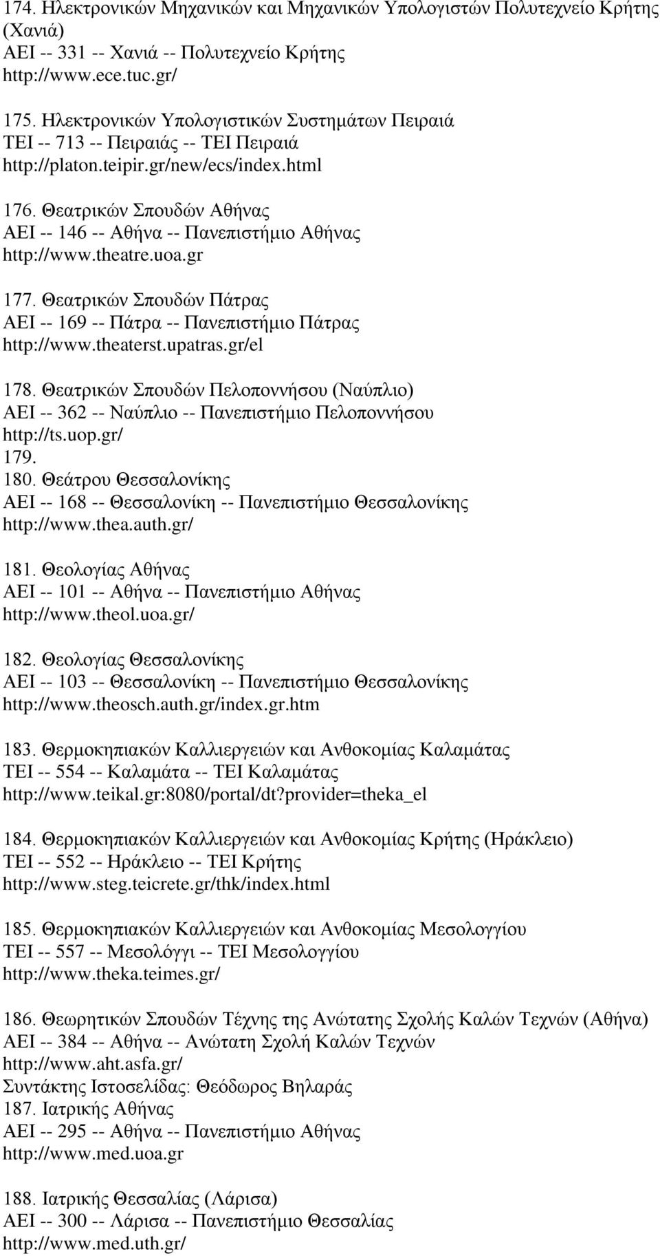 Θεατρικών Σπουδών Αθήνας ΑΕΙ -- 146 -- Αθήνα -- Πανεπιστήμιο Αθήνας http://www.theatre.uoa.gr 177. Θεατρικών Σπουδών Πάτρας ΑΕΙ -- 169 -- Πάτρα -- Πανεπιστήμιο Πάτρας http://www.theaterst.upatras.