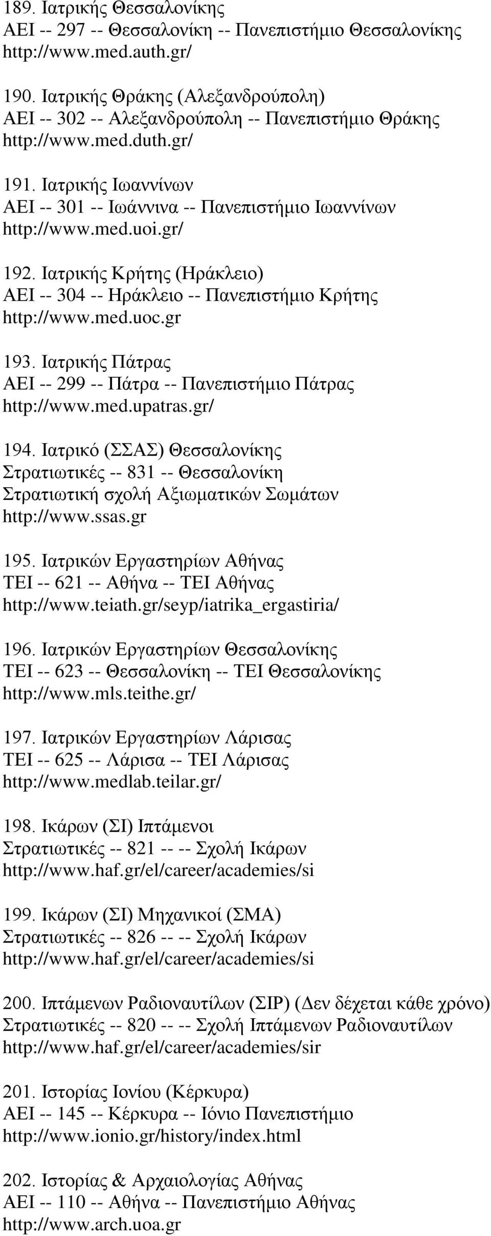 gr/ 192. Ιατρικής Κρήτης (Ηράκλειο) ΑΕΙ -- 304 -- Ηράκλειο -- Πανεπιστήμιο Κρήτης http://www.med.uoc.gr 193. Ιατρικής Πάτρας ΑΕΙ -- 299 -- Πάτρα -- Πανεπιστήμιο Πάτρας http://www.med.upatras.gr/ 194.