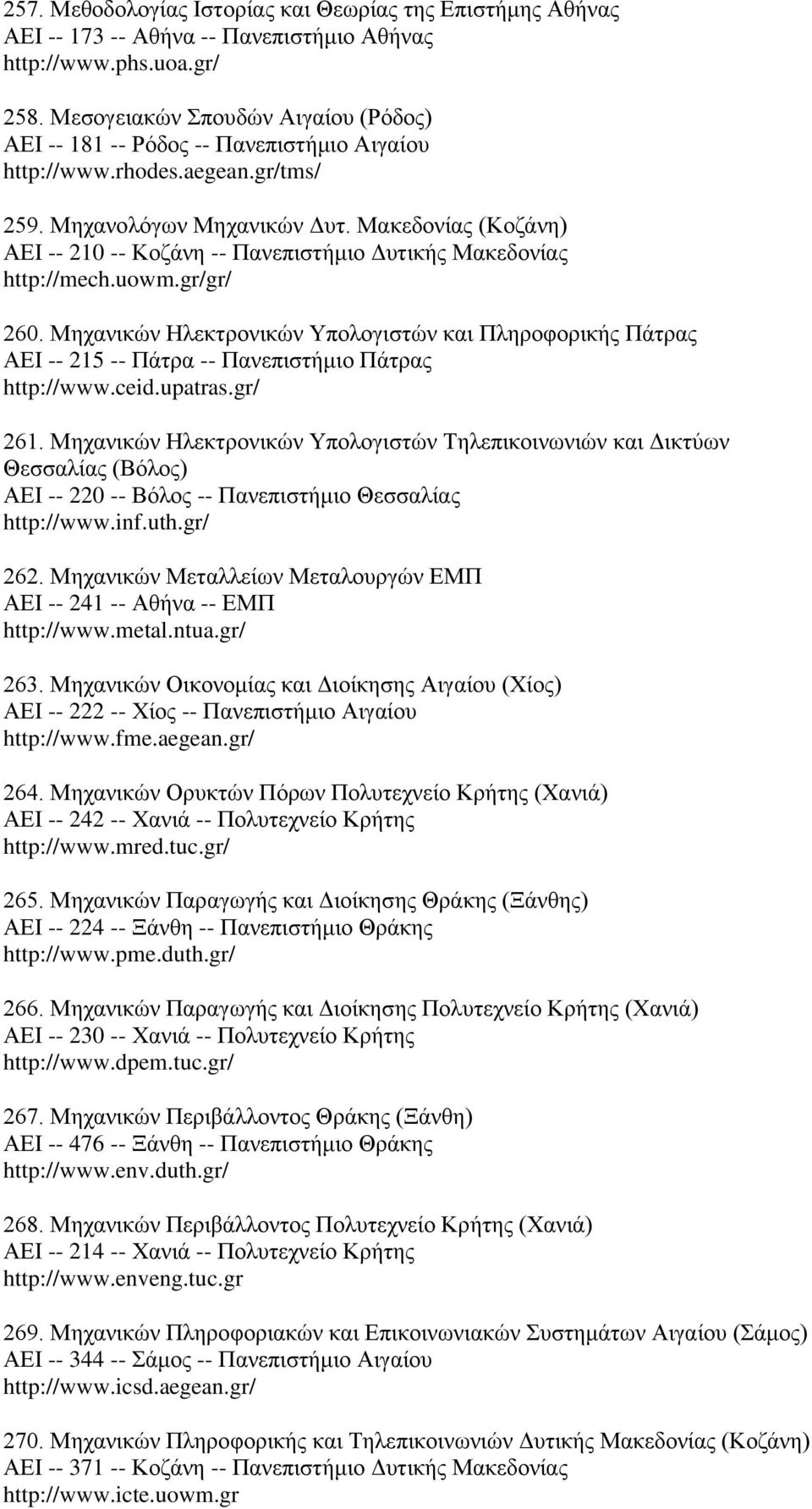 Μακεδονίας (Κοζάνη) ΑΕΙ -- 210 -- Κοζάνη -- Πανεπιστήμιο Δυτικής Μακεδονίας http://mech.uowm.gr/gr/ 260.