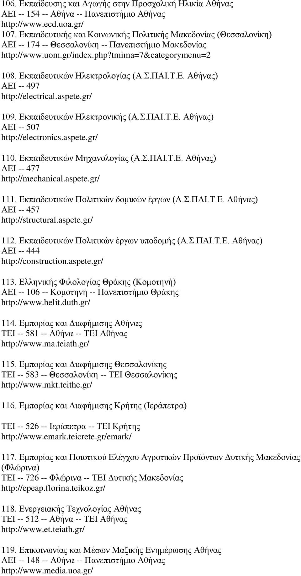 Εκπαιδευτικών Ηλεκτρολογίας (Α.Σ.ΠΑΙ.Τ.Ε. Αθήνας) ΑΕΙ -- 497 http://electrical.aspete.gr/ 109. Εκπαιδευτικών Ηλεκτρονικής (Α.Σ.ΠΑΙ.Τ.Ε. Αθήνας) ΑΕΙ -- 507 http://electronics.aspete.gr/ 110.