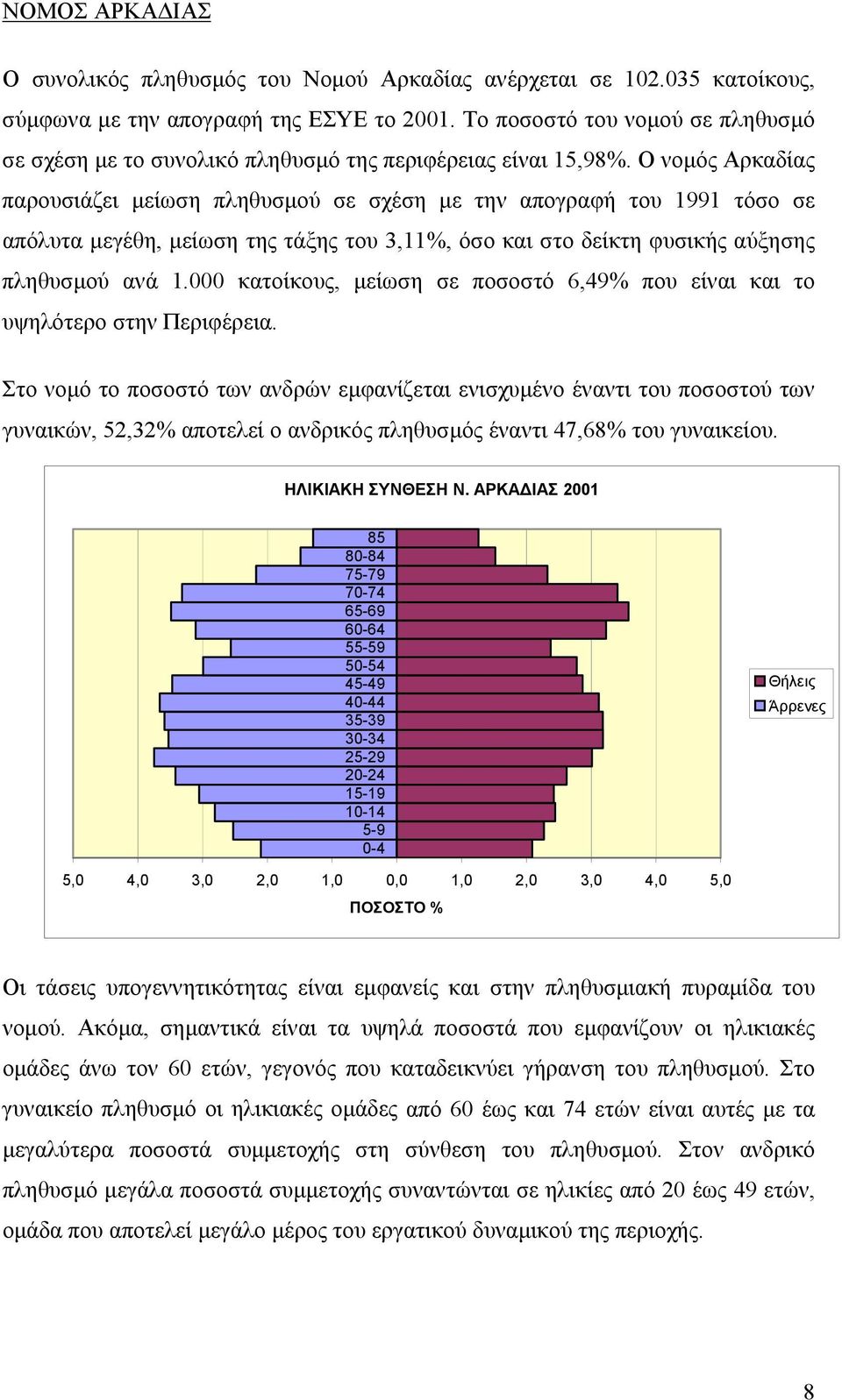 Ο νοµός Αρκαδίας παρουσιάζει µείωση πληθυσµού σε σχέση µε την απογραφή του 1991 τόσο σε απόλυτα µεγέθη, µείωση της τάξης του 3,11%, όσο και στο δείκτη φυσικής αύξησης πληθυσµού ανά 1.