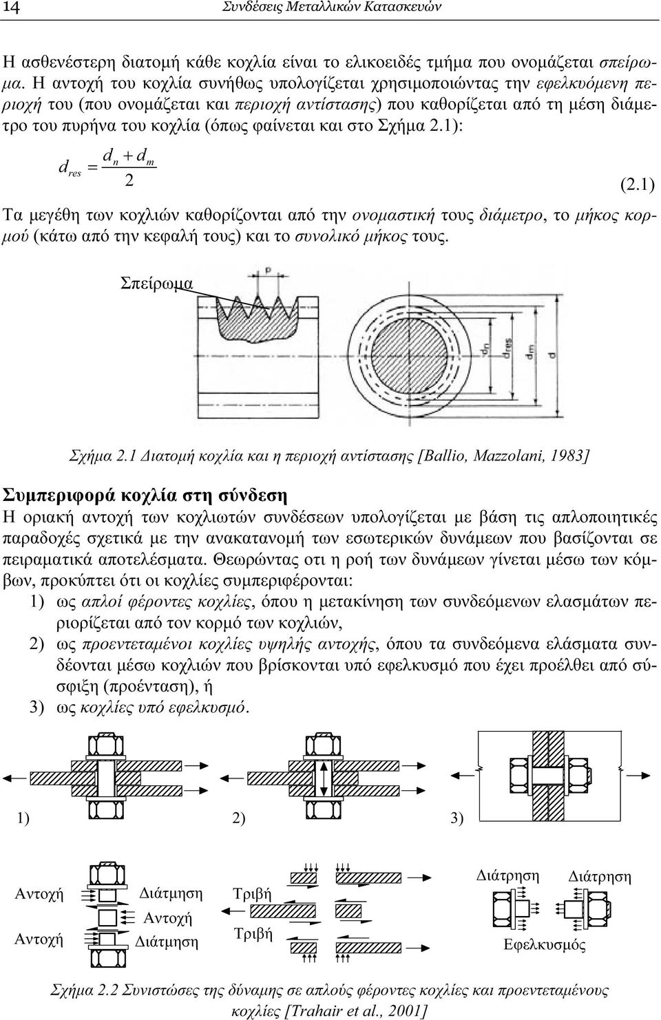 και στο Σχήµα 2.1): d res d = n + d 2 m (2.1) Τα µεγέθη των κοχλιών καθορίζονται από την ονοµαστική τους διάµετρο, το µήκος κορ- µού (κάτω από την κεφαλή τους) και το συνολικό µήκος τους.