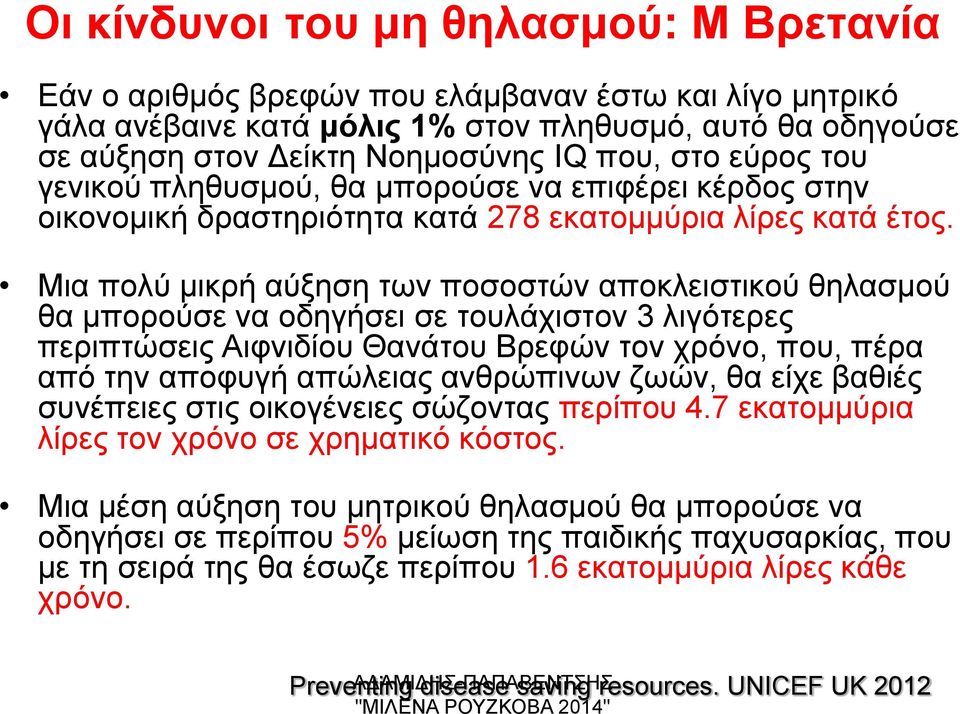 Μια πολύ μικρή αύξηση των ποσοστών αποκλειστικού θηλασμού θα μπορούσε να οδηγήσει σε τουλάχιστον 3 λιγότερες περιπτώσεις Αιφνιδίου Θανάτου Βρεφών τον χρόνο, που, πέρα από την αποφυγή απώλειας