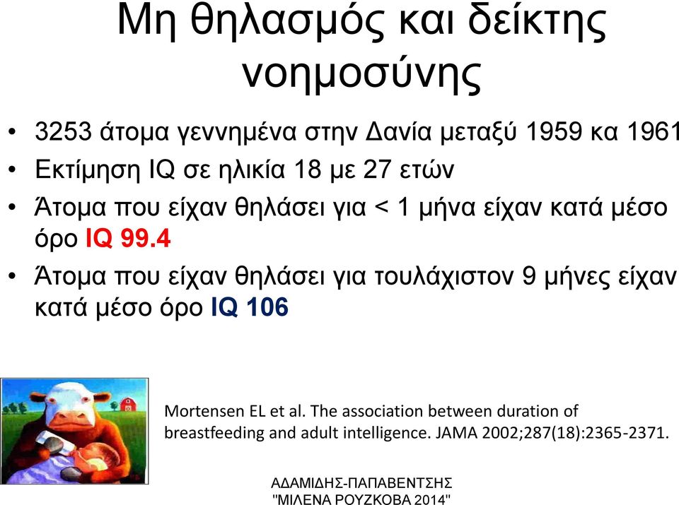 4 Άτομα που είχαν θηλάσει για τουλάχιστον 9 μήνες είχαν κατά μέσο όρο IQ 106 Mortensen EL et al.