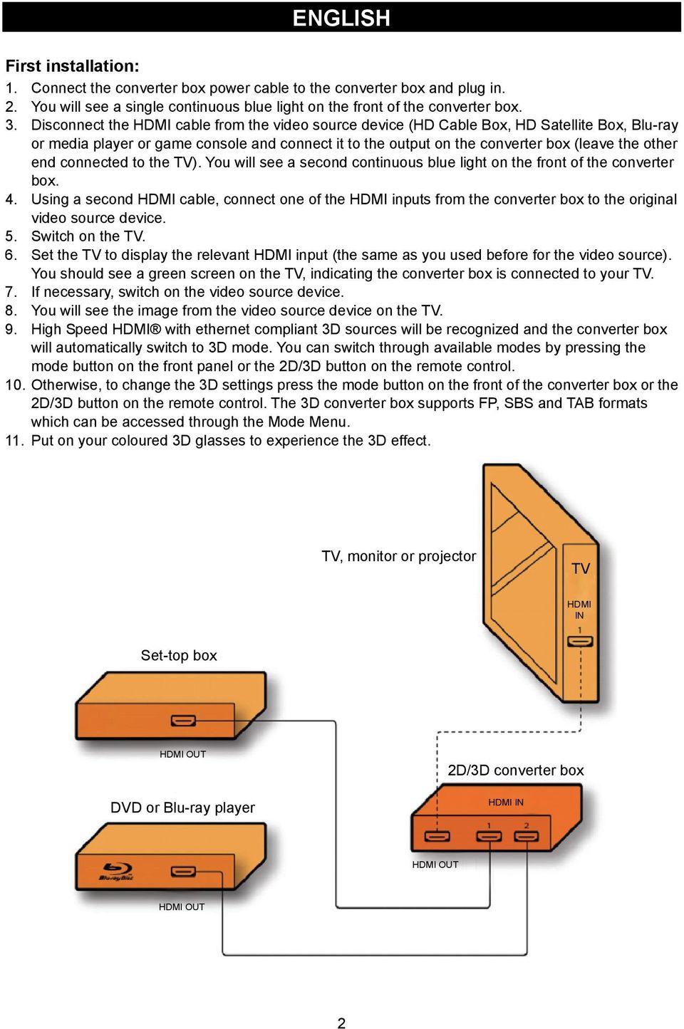 Disconnect the HDMI cable from the video source device (HD Cable Box, HD Satellite Box, Blu-ray or media player or game console and connect it to the output on the converter box (leave the other end