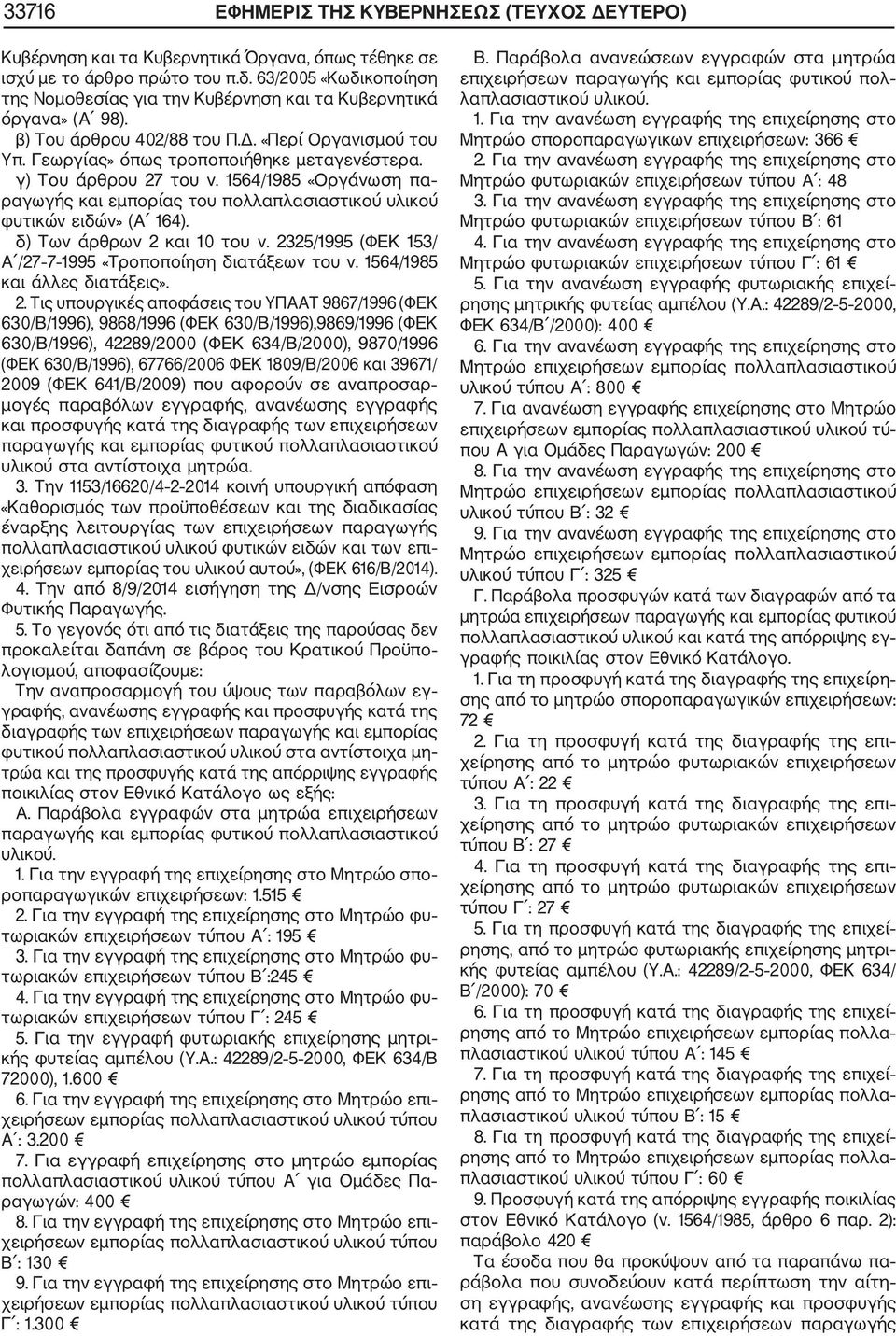 γ) Του άρθρου 27 του ν. 1564/1985 «Οργάνωση πα ραγωγής και εμπορίας του πολλαπλασιαστικού υλικού φυτικών ειδών» (Α 164). δ) Των άρθρων 2 και 10 του ν.