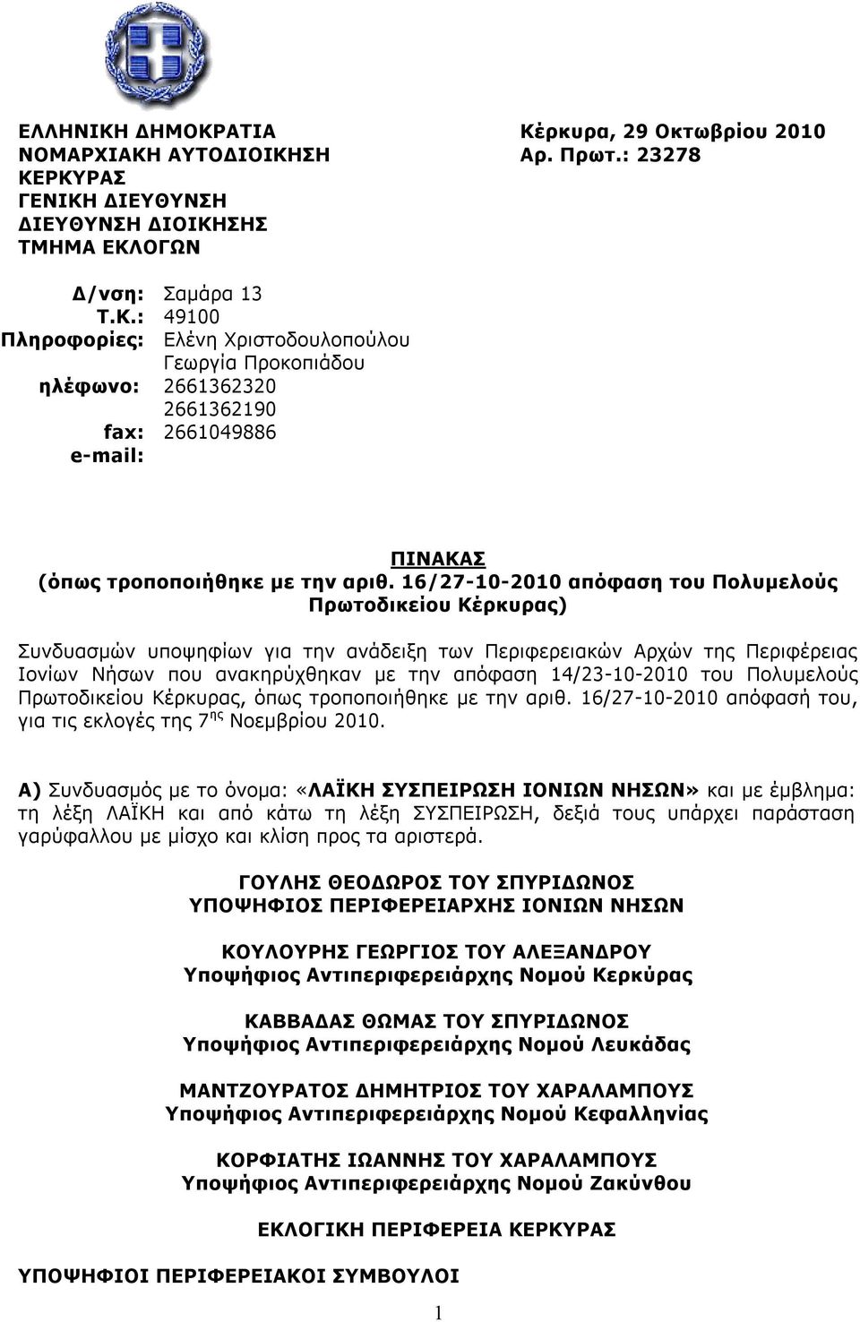 του Πολυμελούς Πρωτοδικείου Κέρκυρας, όπως τροποποιήθηκε με την αριθ. 16/27-10-2010 απόφασή του, για τις εκλογές της 7 ης Νοεμβρίου 2010.