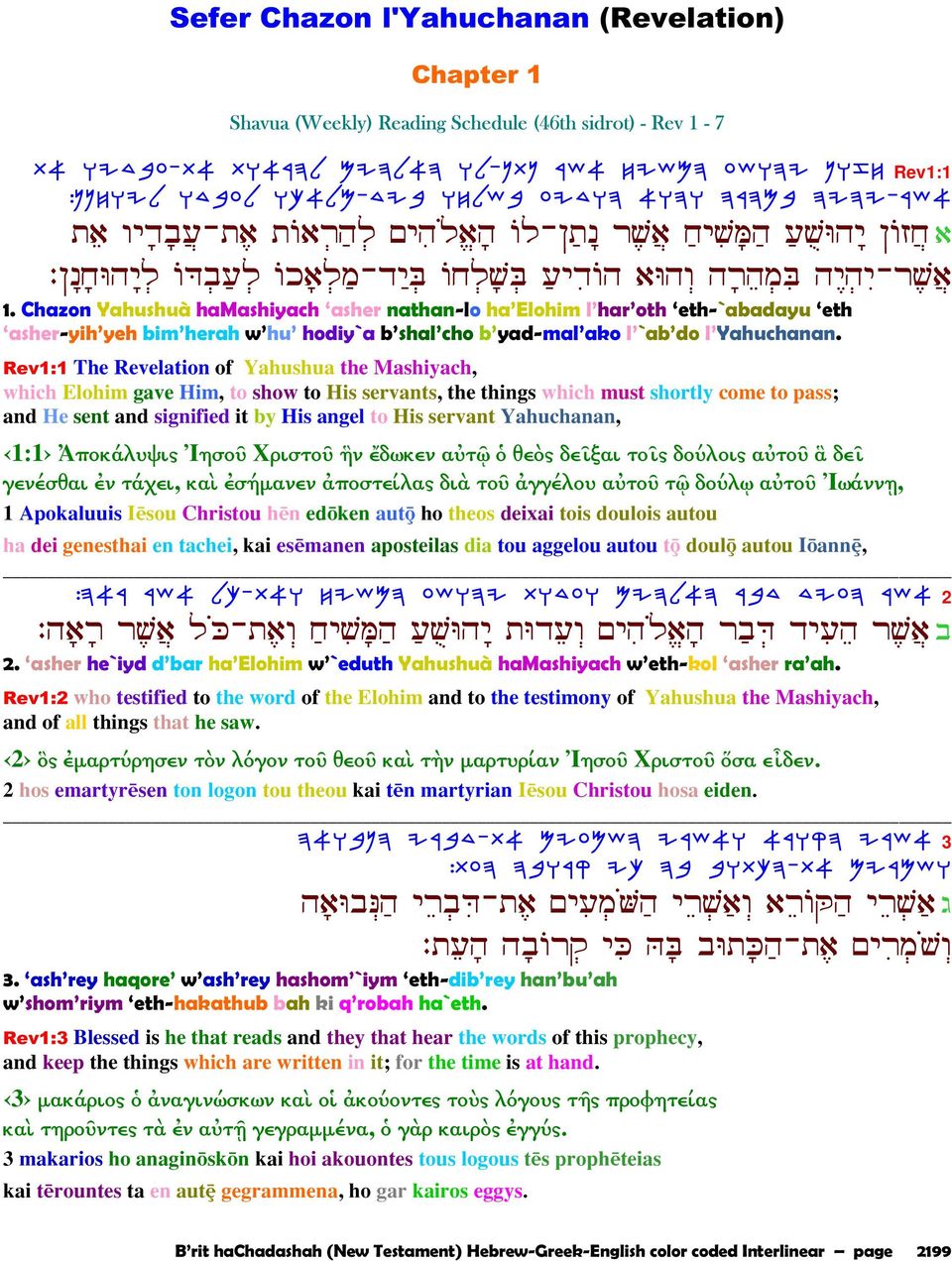 Chazon Yahushuà hamashiyach asher nathan-lo ha Elohim l har oth eth-`abadayu eth asher-yih yeh bim herah w hu hodiy`a b shal cho b yad-mal ako l `ab do l Yahuchanan.