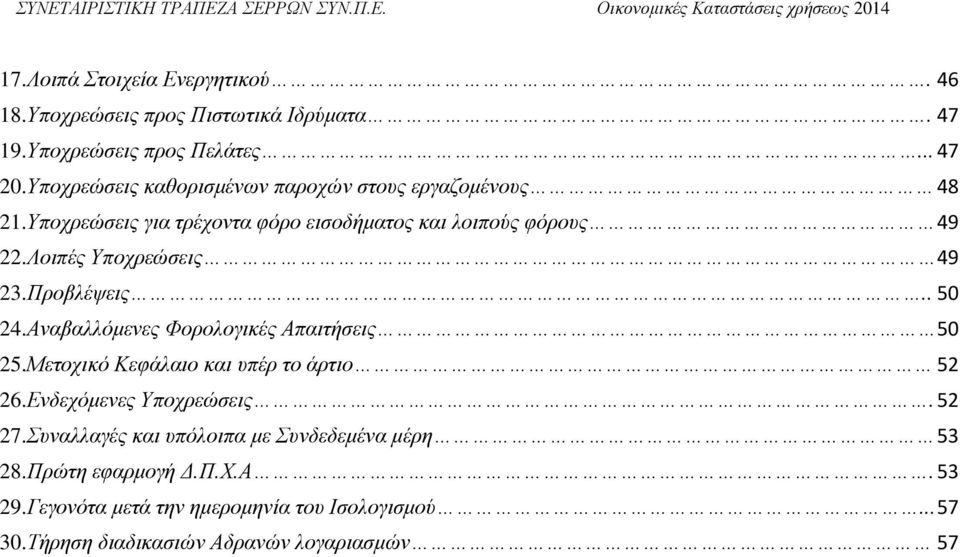 Λοιπές Υποχρεώσεις 49 23.Προβλέψεις.. 50 24.Αναβαλλόμενες Φορολογικές Απαιτήσεις 50 25.Μετοχικό Κεφάλαιο και υπέρ το άρτιο 52 26.