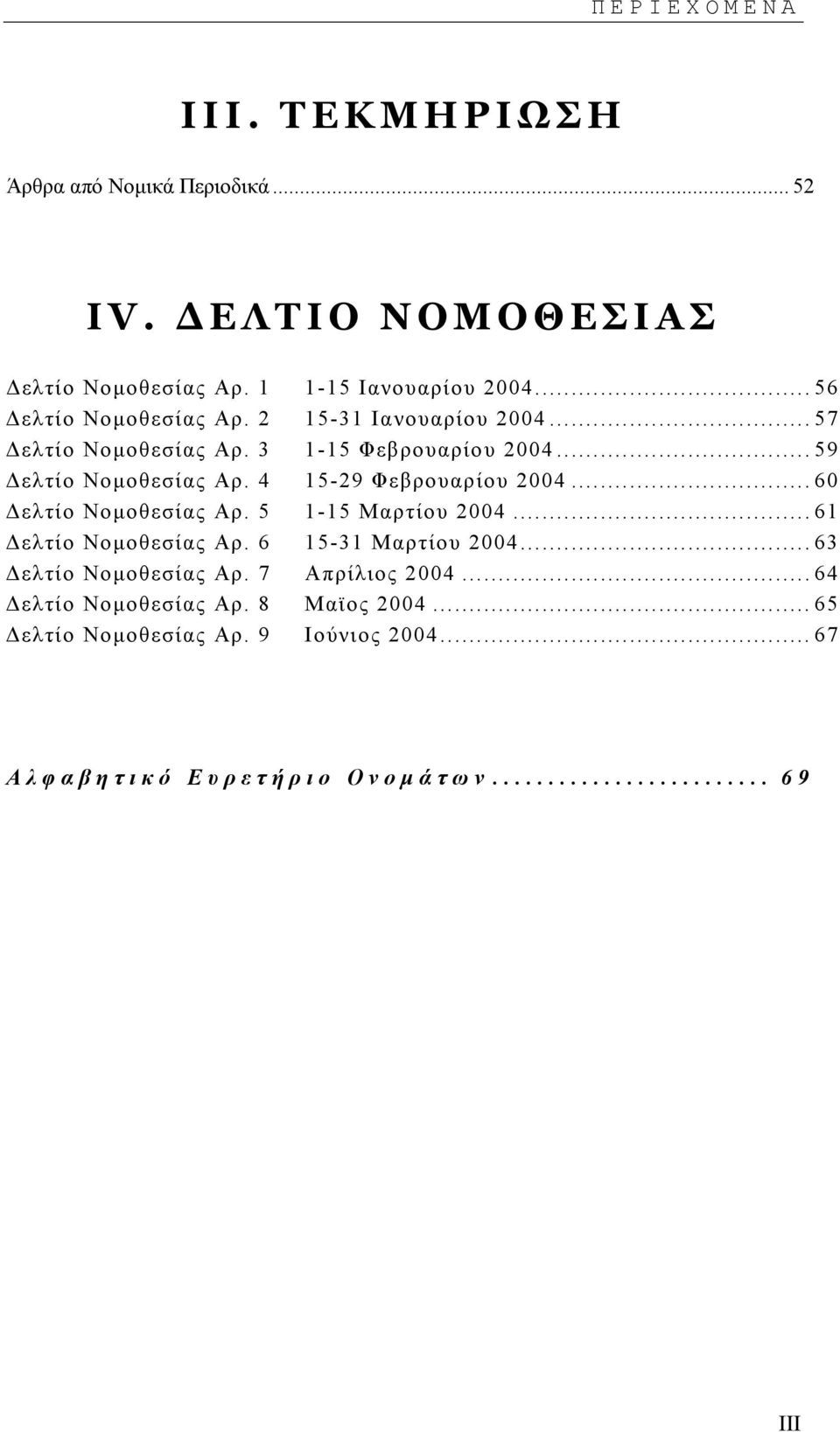 4 15-29 Φεβρουαρίου 2004...60 ελτίο Νοµοθεσίας Αρ. 5 1-15 Μαρτίου 2004...61 ελτίο Νοµοθεσίας Αρ. 6 15-31 Μαρτίου 2004.