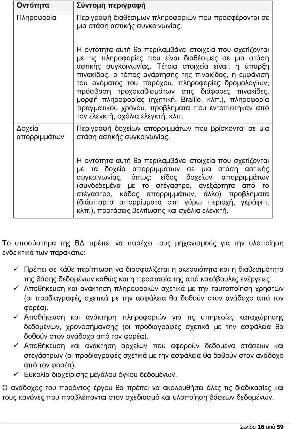 Τέτοια στοιχεία είναι: η ύπαρξη πινακίδας, ο τόπος ανάρτησης της πινακίδας, η εµφάνιση του ονόµατος του παρόχου, πληροφορίες δροµολογίων, πρόσβαση τροχοκαθισµάτων στις διάφορες πινακίδες, µορφή