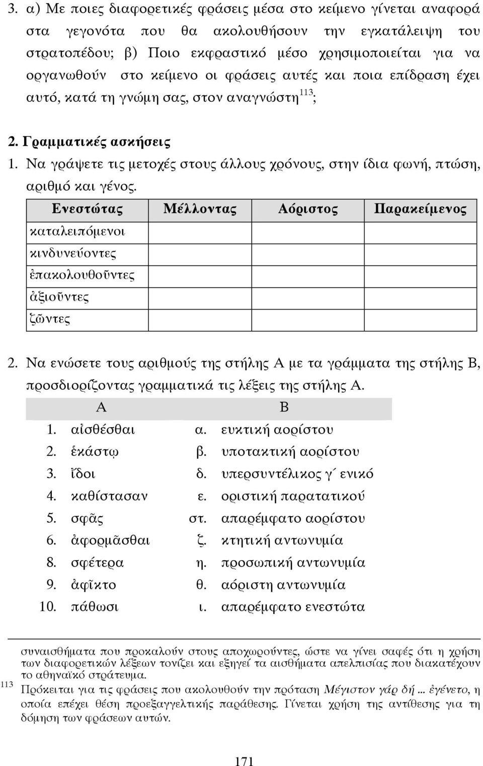 Να γράψετε τις µετοχές στους άλλους χρόνους, στην ίδια φωνή, πτώση, αριθµό και γένος. Ενεστώτας Μέλλοντας Αόριστος Παρακείµενος καταλειπόµενοι κινδυνεύοντες ἐπακολουθοῦντες ἀξιοῦντες ζῶντες 2.