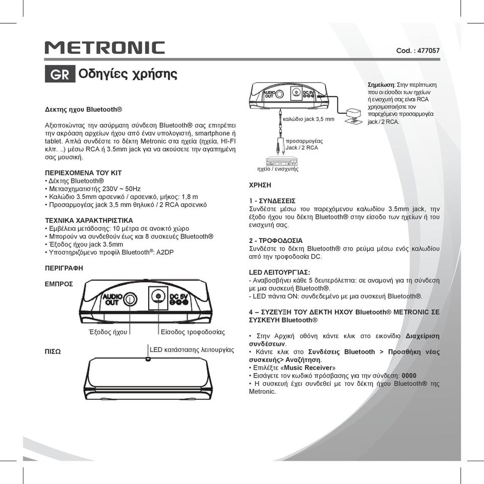 ΠΕΡΙΕΧΟΜΕΝΑ ΤΟΥ KIT Δέκτης Bluetooth Μετασχηματιστής 230V ~ 50Hz Καλώδιο 3.