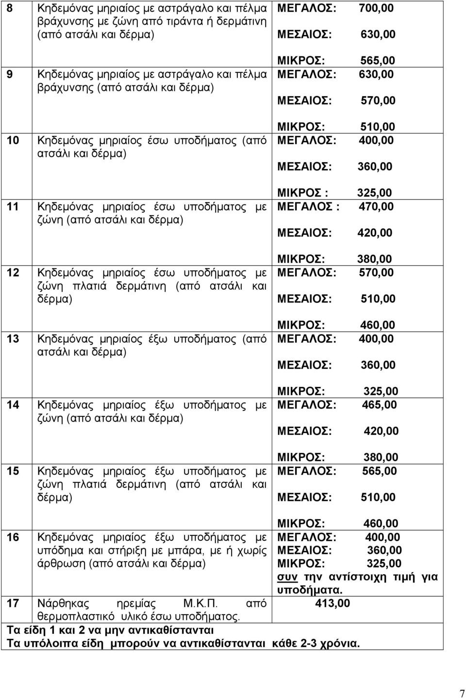 13 Κηδεµόνας µηριαίος έξω υποδήµατος (από ατσάλι και δέρµα) 14 Κηδεµόνας µηριαίος έξω υποδήµατος µε ζώνη (από ατσάλι και δέρµα) 15 Κηδεµόνας µηριαίος έξω υποδήµατος µε ζώνη πλατιά δερµάτινη (από