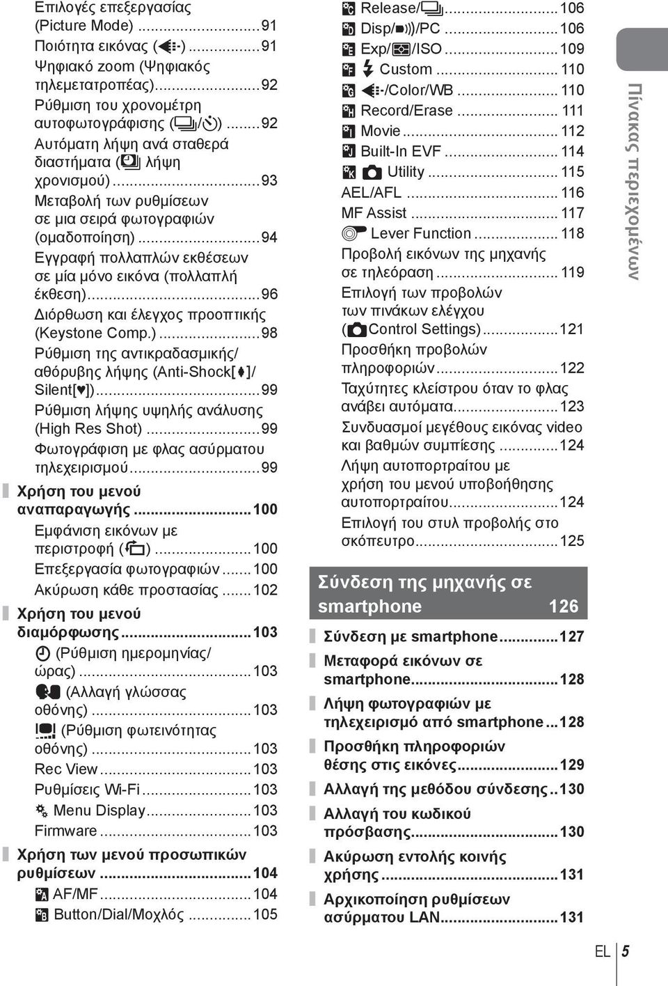 ..96 Διόρθωση και έλεγχος προοπτικής (Keystone Comp.)...98 Ρύθμιση της αντικραδασμικής/ αθόρυβης λήψης (Anti-Shockz/ Silent[ ])...99 Ρύθμιση λήψης υψηλής ανάλυσης (High Res Shot).