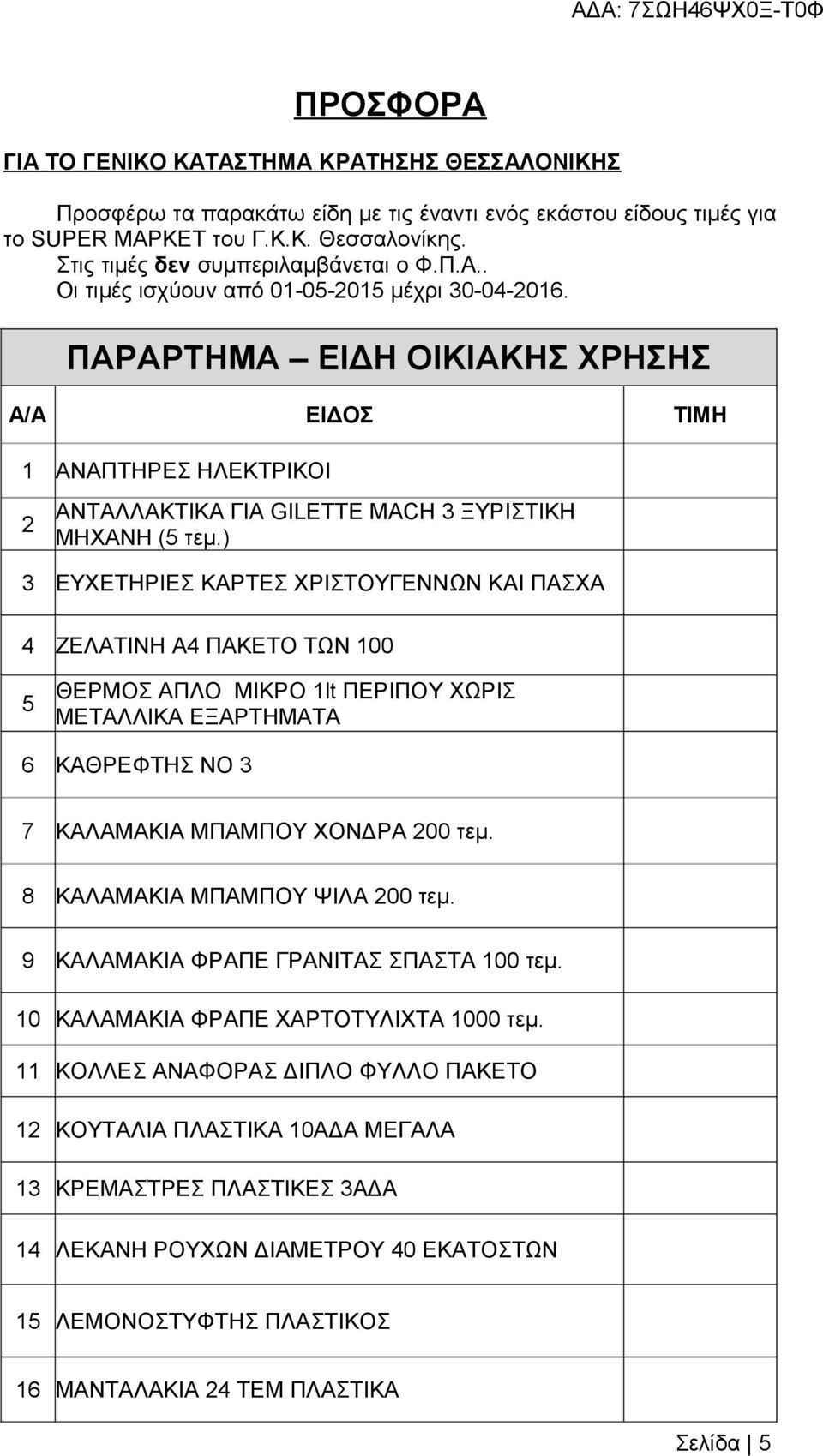 ΠΑΡΑΡΤΗΜΑ ΕΙΔΗ ΟΙΚΙΑΚΗΣ ΧΡΗΣΗΣ Α/Α ΕΙΔΟΣ ΤΙΜΗ 1 ΑΝΑΠΤΗΡΕΣ ΗΛΕΚΤΡΙΚΟΙ 2 ΑΝΤΑΛΛΑΚΤΙΚΑ ΓΙΑ GILETTE MACH 3 ΞΥΡΙΣΤΙΚΗ ΜΗΧΑΝΗ (5 τεμ.