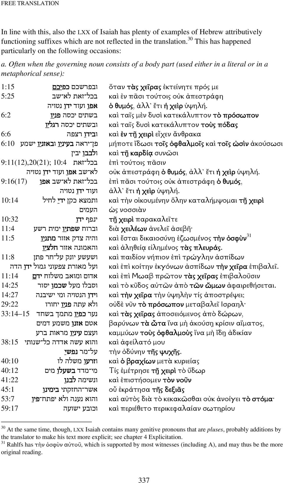 Often when the governing noun consists of a body part (used either in a literal or in a metaphorical sense): 1:15 כפפפפיכם ובפרשכם ὅταν τὰς χεῖρας ἐκτείνητε πρός µε 5:25 בכל זאת לא שב καὶ ἐν πᾶσι