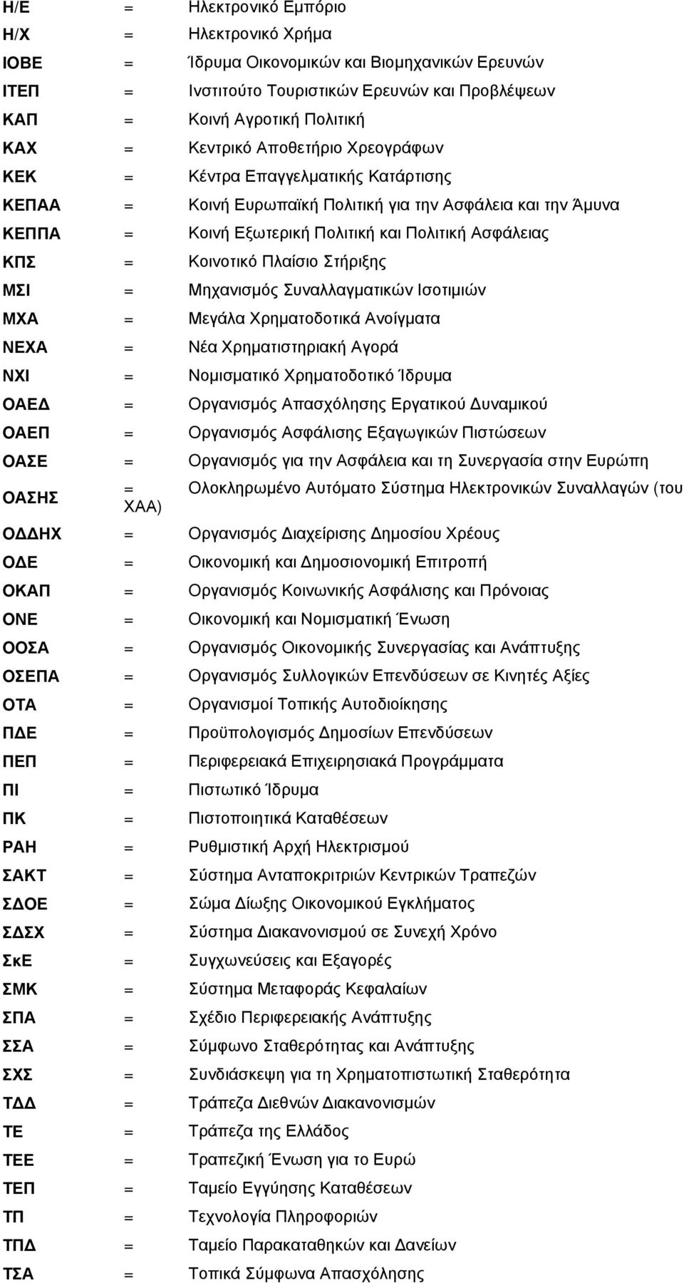 Πλαίσιο Στήριξης ΜΣΙ = Μηχανισμός Συναλλαγματικών Ισοτιμιών ΜΧΑ = Μεγάλα Χρηματοδοτικά Ανοίγματα ΝΕΧΑ = Νέα Χρηματιστηριακή Αγορά ΝΧΙ = Νομισματικό Χρηματοδοτικό Ίδρυμα OΑΕΔ = Oργανισμός Απασχόλησης