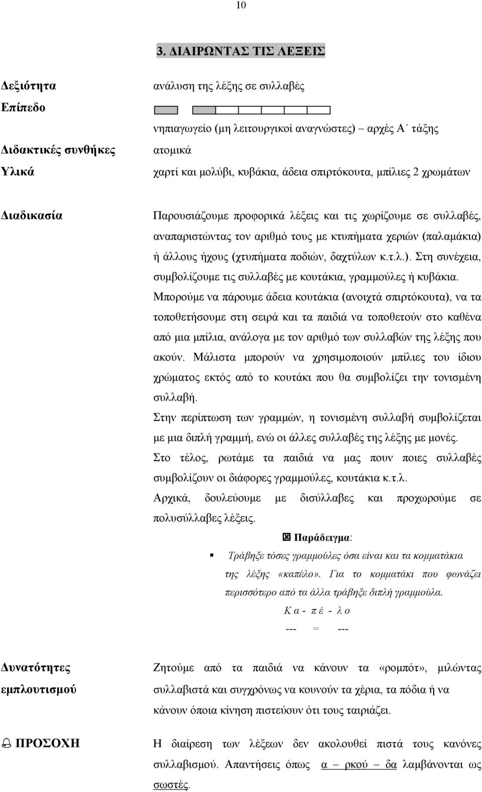 Μπορούμε να πάρουμε άδεια κουτάκια (ανοιχτά σπιρτόκουτα), να τα τοποθετήσουμε στη σειρά και τα παιδιά να τοποθετούν στο καθένα από μια μπίλια, ανάλογα με τον αριθμό των συλλαβών της λέξης που ακούν.