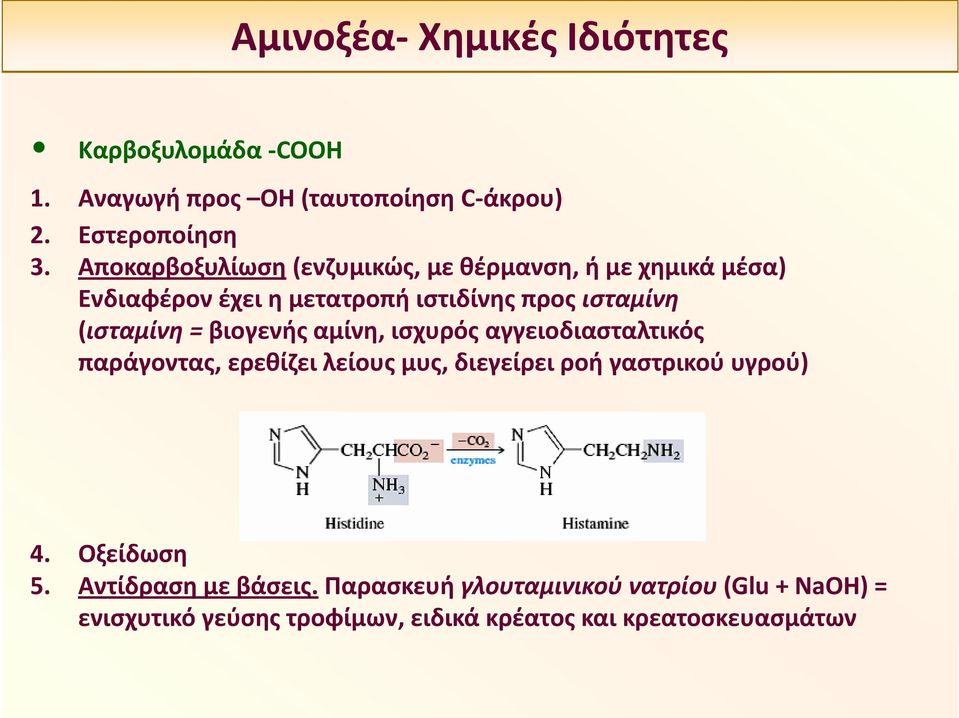 = βιογενής αμίνη, ισχυρός αγγειοδιασταλτικός παράγοντας, ερεθίζει λείους μυς, διεγείρει ροή γαστρικού υγρού) 4.