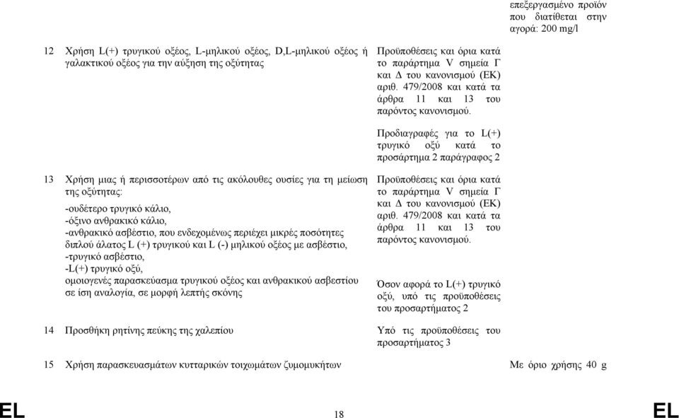 Προδιαγραφές για το L(+) τρυγικό οξύ κατά το προσάρτημα 2 παράγραφος 2 13 Χρήση μιας ή περισσοτέρων από τις ακόλουθες ουσίες για τη μείωση της οξύτητας: -ουδέτερο τρυγικό κάλιο, -όξινο ανθρακικό