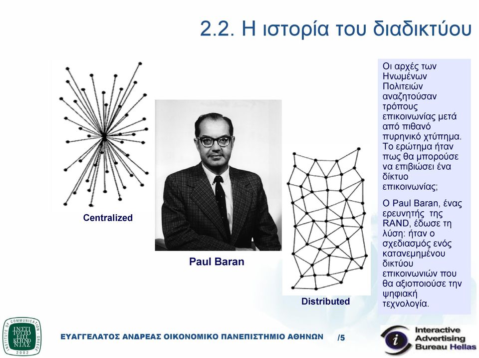 Το ερώτηµα ήταν πως θα µπορούσε να επιβιώσει ένα δίκτυο επικοινωνίας; Centralized Paul Baran
