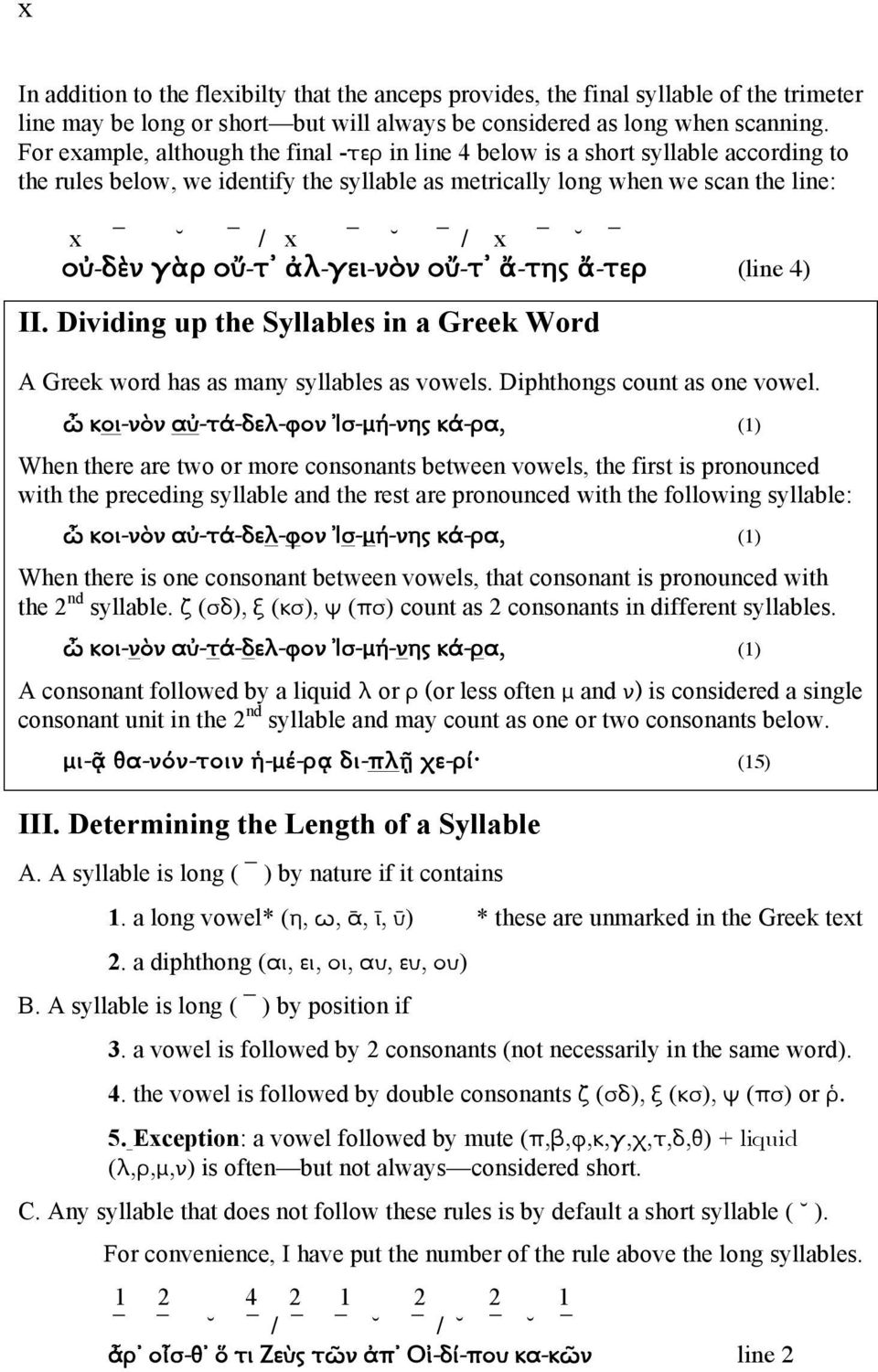 ἀλ-γει-νὸν οὔ-τ ἄ-της ἄ-τερ (line 4) II. Dividing up the Syllables in a Greek Word A Greek word has as many syllables as vowels. Diphthongs count as one vowel.