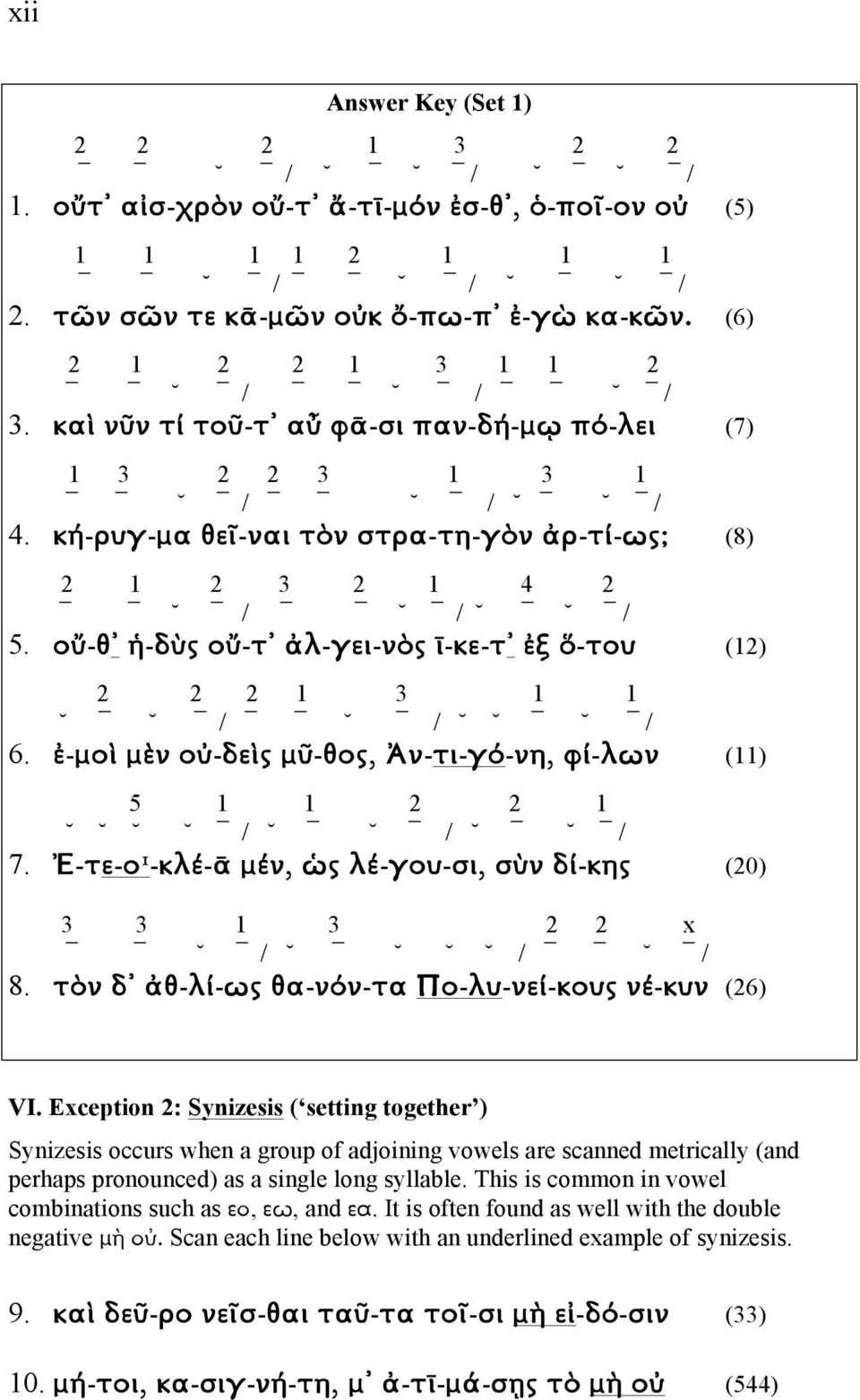 οὔ-θ ἡ-δὺς οὔ-τ ἀλ-γει-νὸς ῑ-κε-τ ἐξ ὅ-του (12) 2 2 2 1 3 1 1 / / / 6. ἐ-µοὶ µὲν οὐ-δεὶς µῦ-θος, Ἀν-τι-γό-νη, φί-λων (11) 5 1 1 2 2 1 / / / 7.