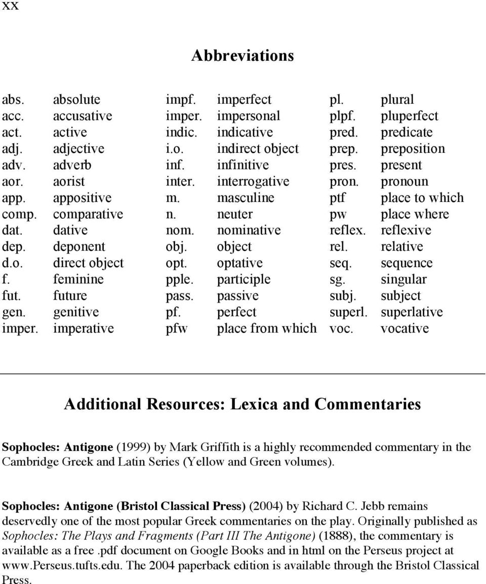 object opt. optative pple. participle pass. passive pf. perfect pfw place from which pl. plural plpf. pluperfect pred. predicate prep. preposition pres. present pron.