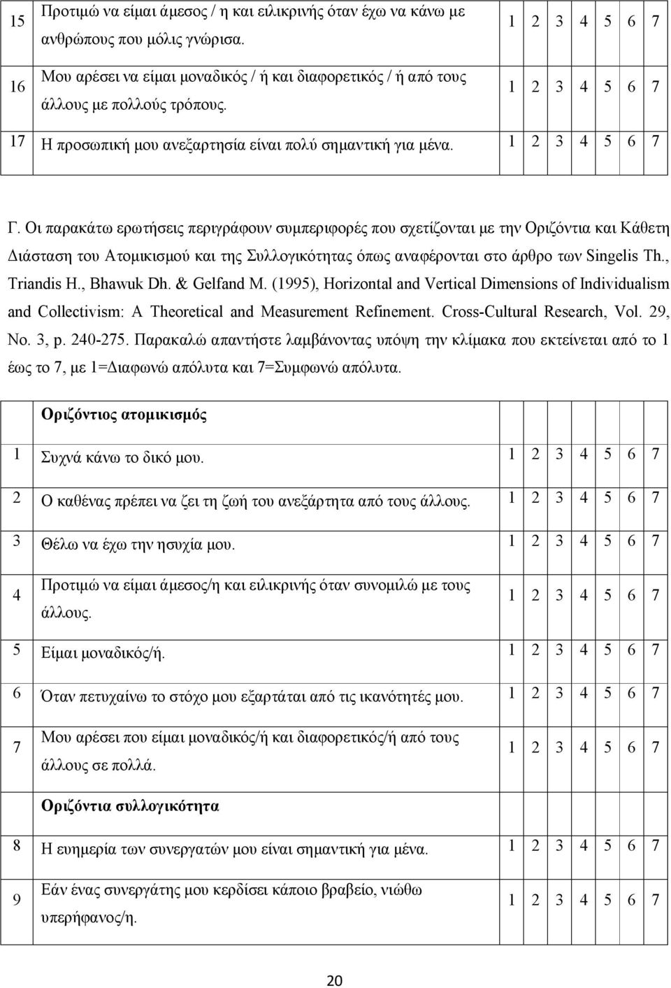 Οι παρακάτω ερωτήσεις περιγράφουν συμπεριφορές που σχετίζονται με την Οριζόντια και Κάθετη Διάσταση του Ατομικισμού και της Συλλογικότητας όπως αναφέρονται στο άρθρο των Singelis Th., Triandis H.