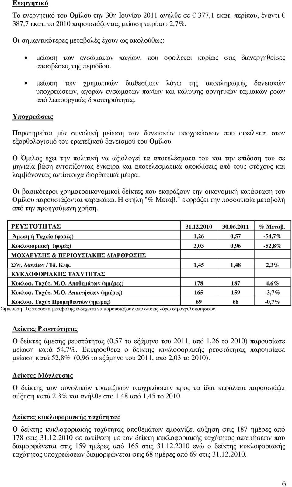 µείωση των χρηµατικών διαθεσίµων λόγω της αποπληρωµής δανειακών υποχρεώσεων, αγορών ενσώµατων παγίων και κάλυψης αρνητικών ταµιακών ροών από λειτουργικές δραστηριότητες.