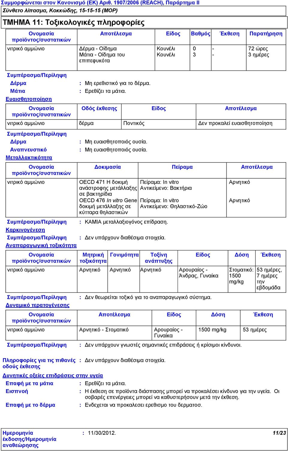 προϊόντος/συστατικών Συμπέρασμα/Περίληψη Δυναμικό τερατογένεσης Ονομασία προϊόντος/συστατικών Δυνητικές οξείες επιδράσεις στην υγεία Επαφή με τα μάτια Εισπνοή Επαφή με το δέρμα OECD 471 Η δοκιμή