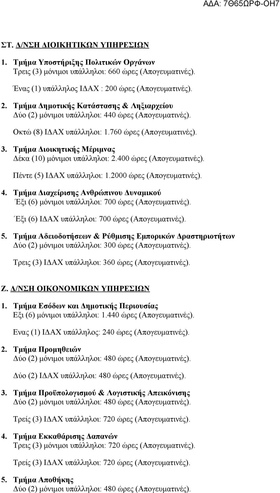 Τμήμα Διοικητικής Μέριμνας Δέκα (10) μόνιμοι υπάλληλοι: 2.400 ώρες (Απογευματινές). Πέντε (5) ΙΔΑΧ υπάλληλοι: 1.2000 ώρες (Απογευματινές). 4.