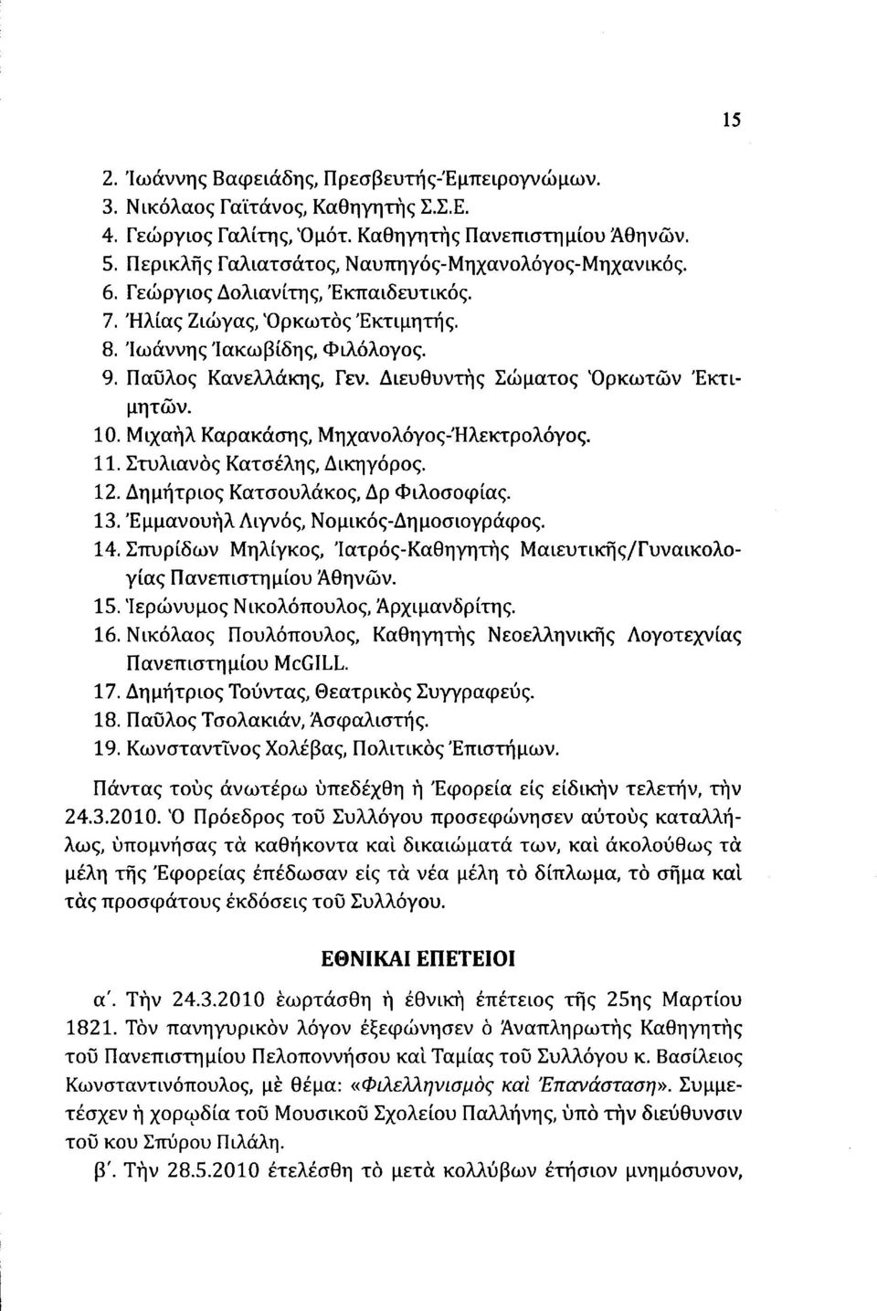 Μιχαήλ Καρακάσης, Μηχανλόγς Ήλεκτρλόγς. 11. Στυλιανός Κατσέλης, Δικηγόρς. 12. Δημήτρις Κατσυλάκς, Δρ Φιλσφίας. 13. Εμμανυήλ Λιγνός, Νμικός Δημσιγράφς. 14.