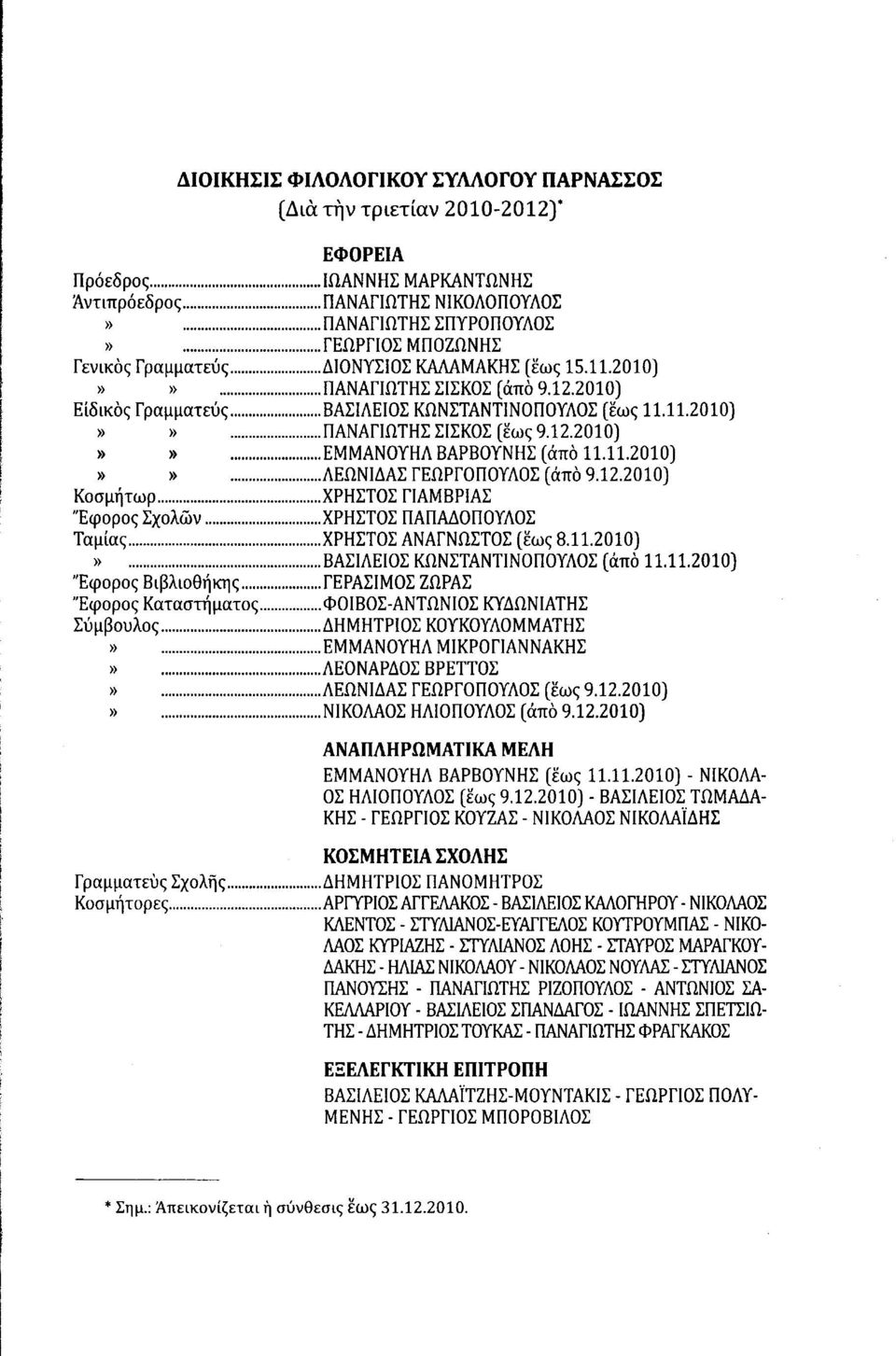 12.2010) Κσμήτωρ ΧΡΗΣΤΣ ΓΙΑΜΒΡΙΑΣ Έφρς Σχλών ΧΡΗΣΤΣ ΠΑΠΑΔΠΥΛΣ Ταμίας ΧΡΗΣΤΣ ΑΝΑΓΝΩΣΤΣ (έως 8.11.