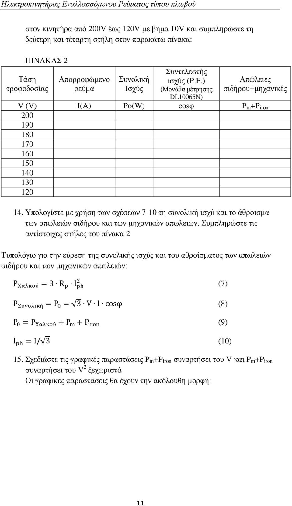 Υπολογίστε με χρήση των σχέσεων 7-10 τη συνολική ισχύ και το άθροισμα των απωλειών σιδήρου και των μηχανικών απωλειών.